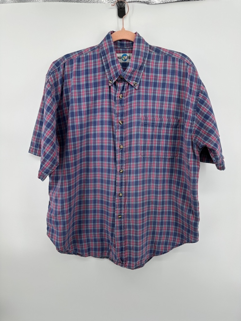World Island VTG 90s Preppy Dadcore Workwear Grunge Plaid Blue&Pink Shirt SzXL - Picture 1 of 11